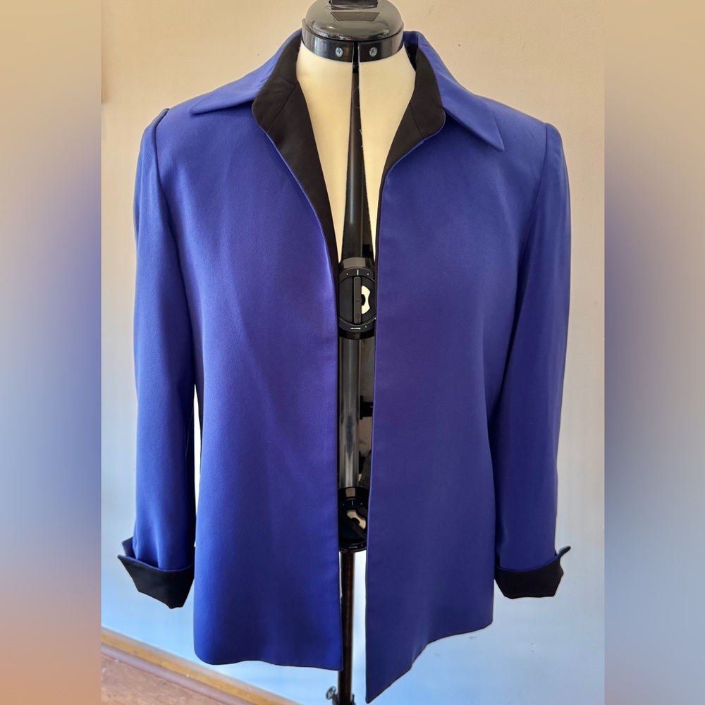 Vintage 90s Cobalt Blue Blazer Black Trim Minimalist Color Block Jacket Size 8